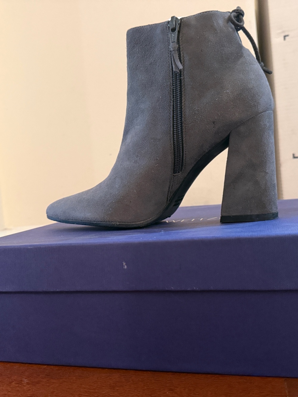 Stuart Weitzman Gray Suede Ankle Booties with Block Heel